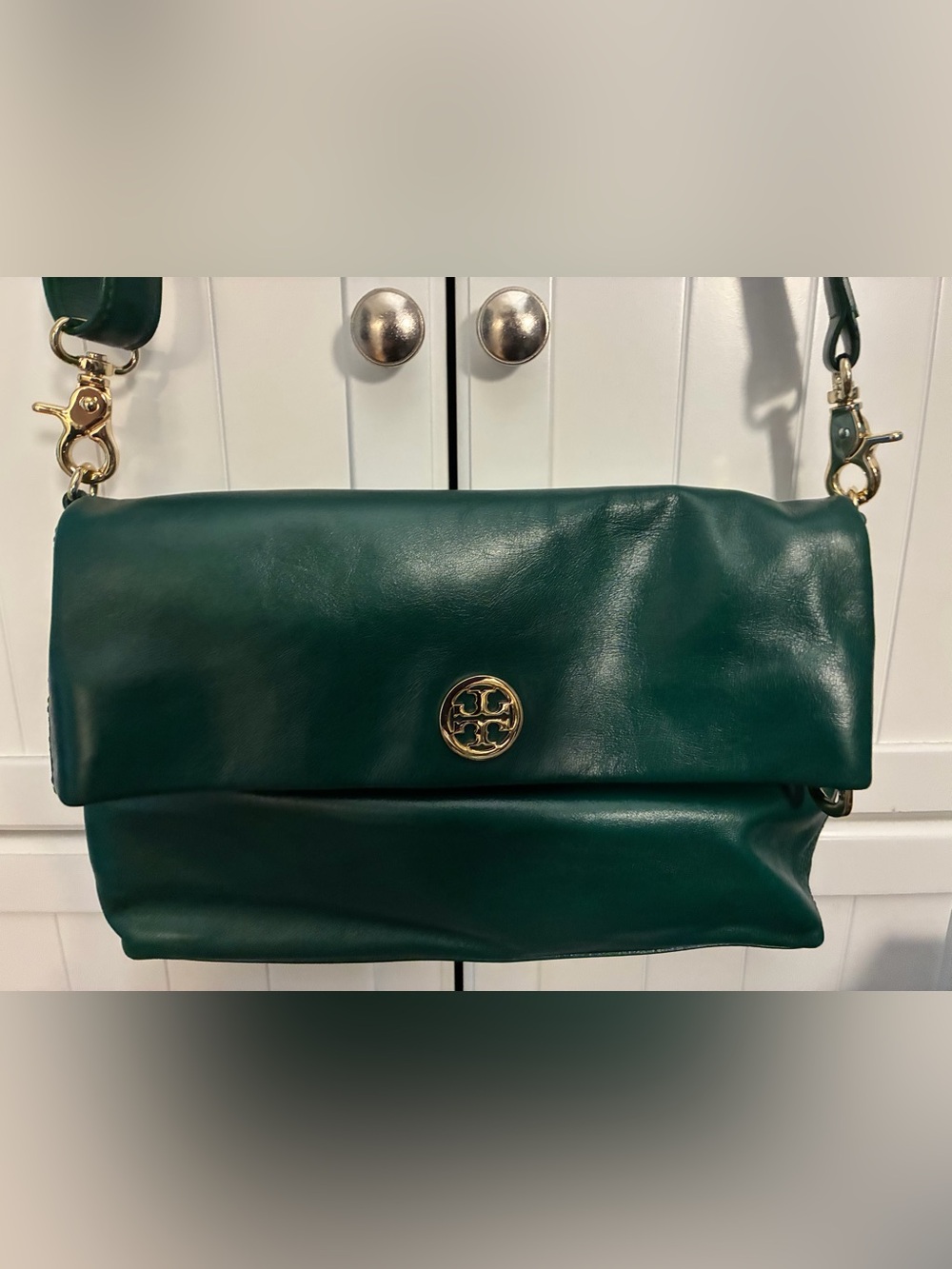 Tory Burch Emerald Green Leather Fold-Over Clutch with Shoulder Strap
